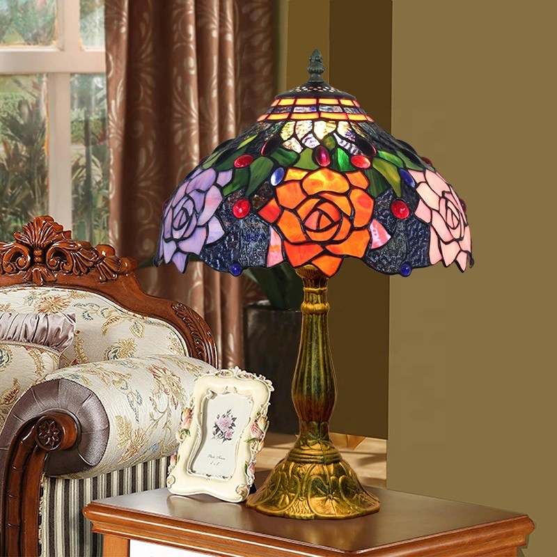 12 Inch American Garden Rose Stained Glass Table Lamp Tiffany Restaurant Bar Bedroom Bedside Table Lamp Yihui Tfn803