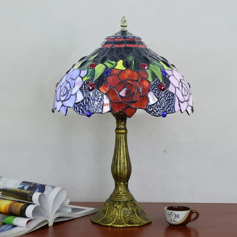 12 Inch American Garden Rose Stained Glass Table Lamp Tiffany Restaurant Bar Bedroom Bedside Table Lamp Yihui Tfn803